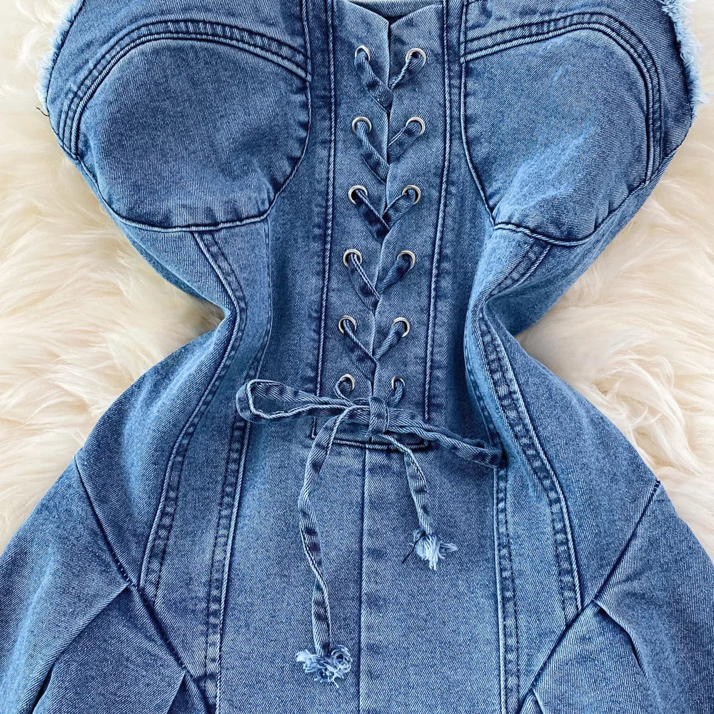 2025 Summer New Style Binding Tape Sexy Denim Halter Dress. Hot Girl Slim-fit High-waist Backless Sleeveless A-line Short Dress