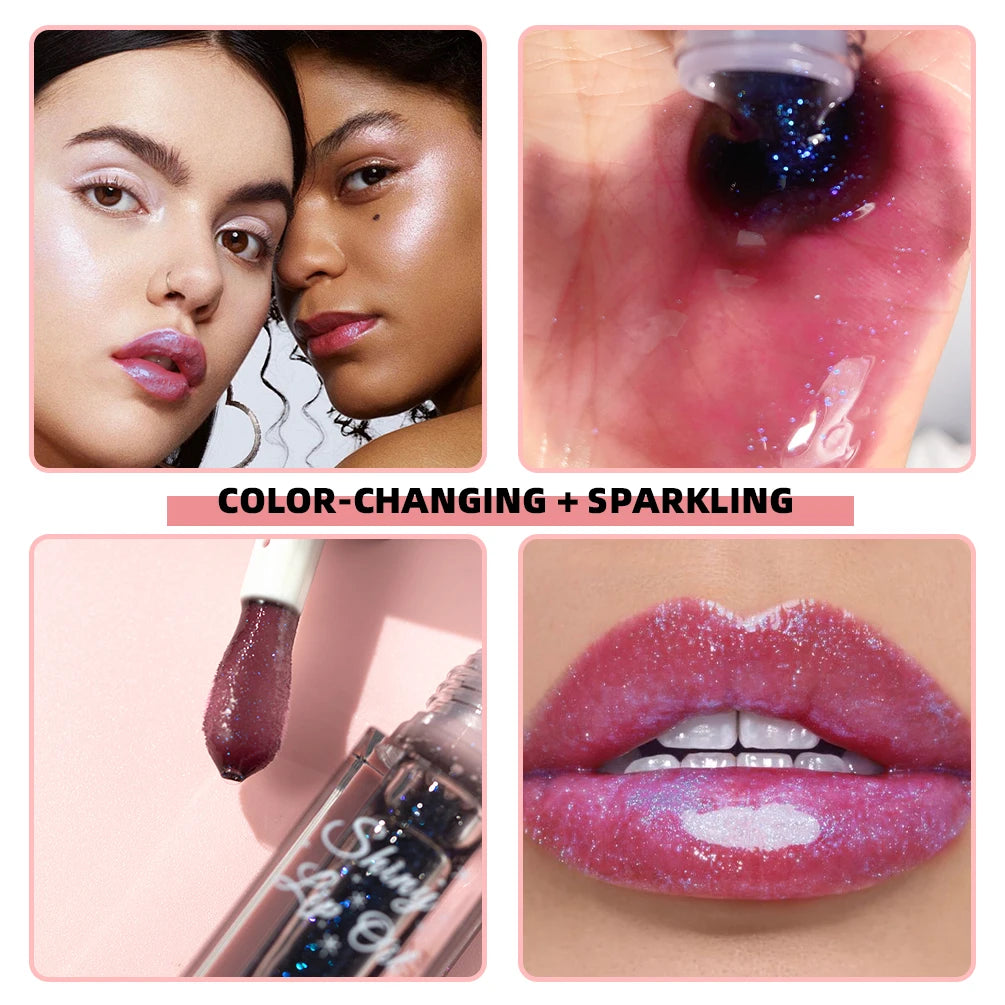 QIBEST Mirror Black Lip Oil Color Changing Lipstick Moisturizing Shiny Lip Gloss Oil Plumping Lasting Diamond Lipgloss Cosmetics