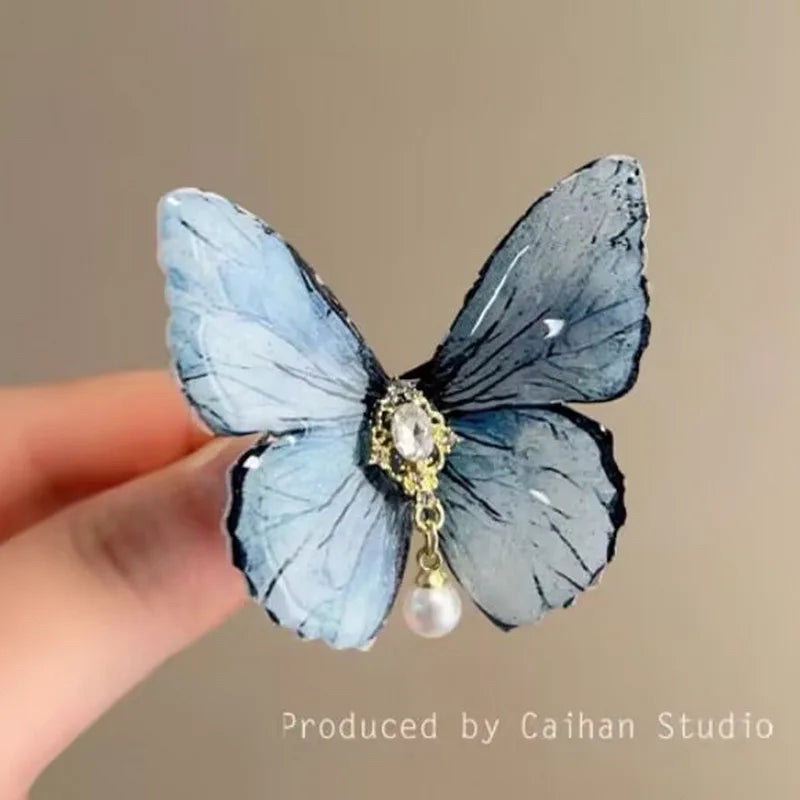 2024 Retro Butterfly Hair Clip For Women Cute Blue Bow Hairclip Girls Pearl Barettes kid pink hairpin Hanfu Hair Accessory