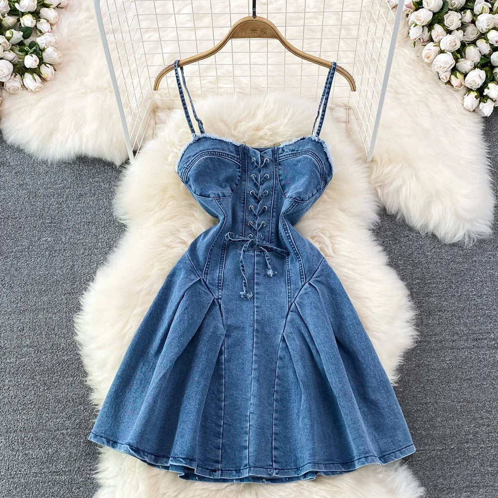 2025 Summer New Style Binding Tape Sexy Denim Halter Dress. Hot Girl Slim-fit High-waist Backless Sleeveless A-line Short Dress