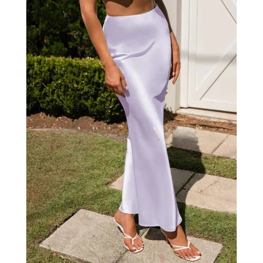 2025 Elegant Faux Silk Satin Skirts for Women High Waist A-line Office Lady Solid Color Glossy Finish Fishtail Skirt