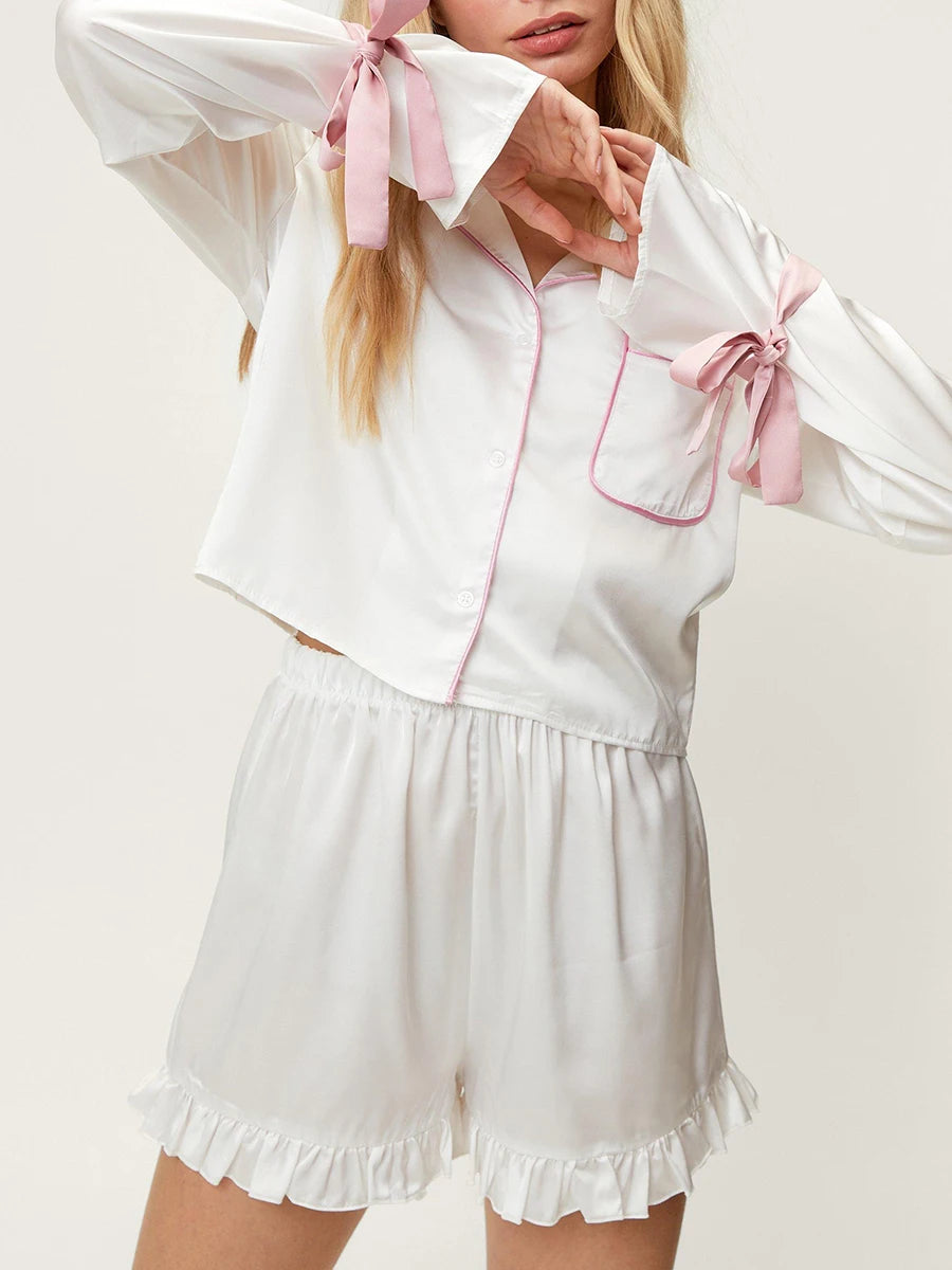 New Women Pajama Set Long Sleeve Tie-Up Contrast Color Shirt With Shorts Sleepwear Loungewear Hot Sale S-XL
