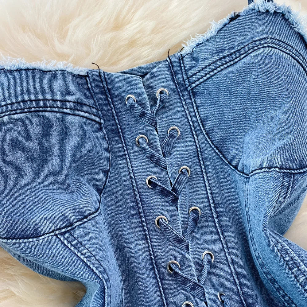 2025 Summer New Style Binding Tape Sexy Denim Halter Dress. Hot Girl Slim-fit High-waist Backless Sleeveless A-line Short Dress