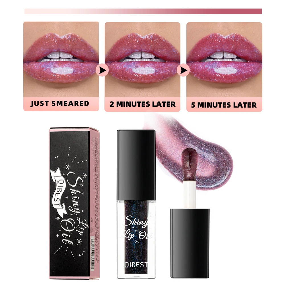 QIBEST Mirror Black Lip Oil Color Changing Lipstick Moisturizing Shiny Lip Gloss Oil Plumping Lasting Diamond Lipgloss Cosmetics