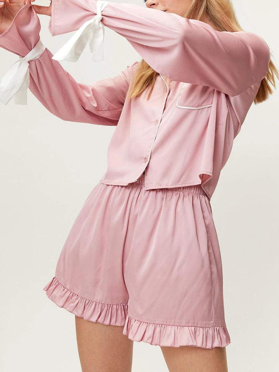 New Women Pajama Set Long Sleeve Tie-Up Contrast Color Shirt With Shorts Sleepwear Loungewear Hot Sale S-XL