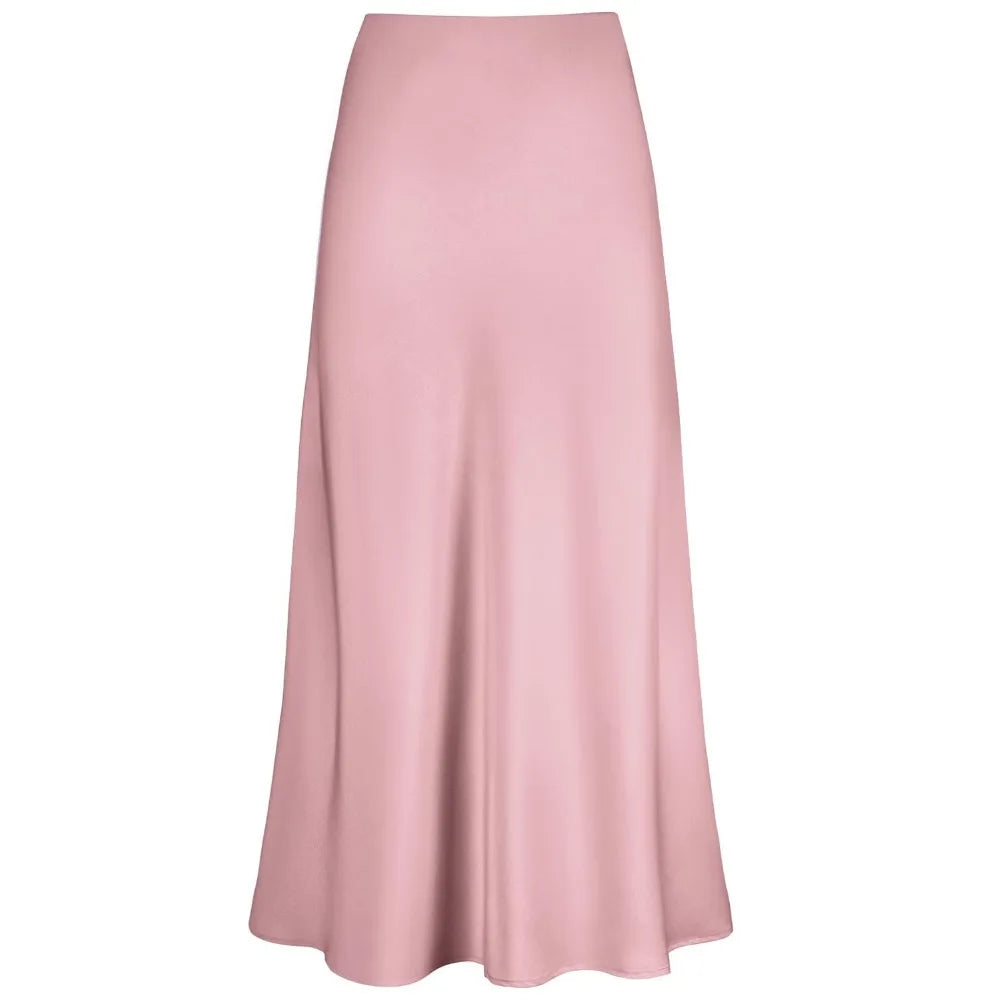 2025 Elegant Faux Silk Satin Skirts for Women High Waist A-line Office Lady Solid Color Glossy Finish Fishtail Skirt