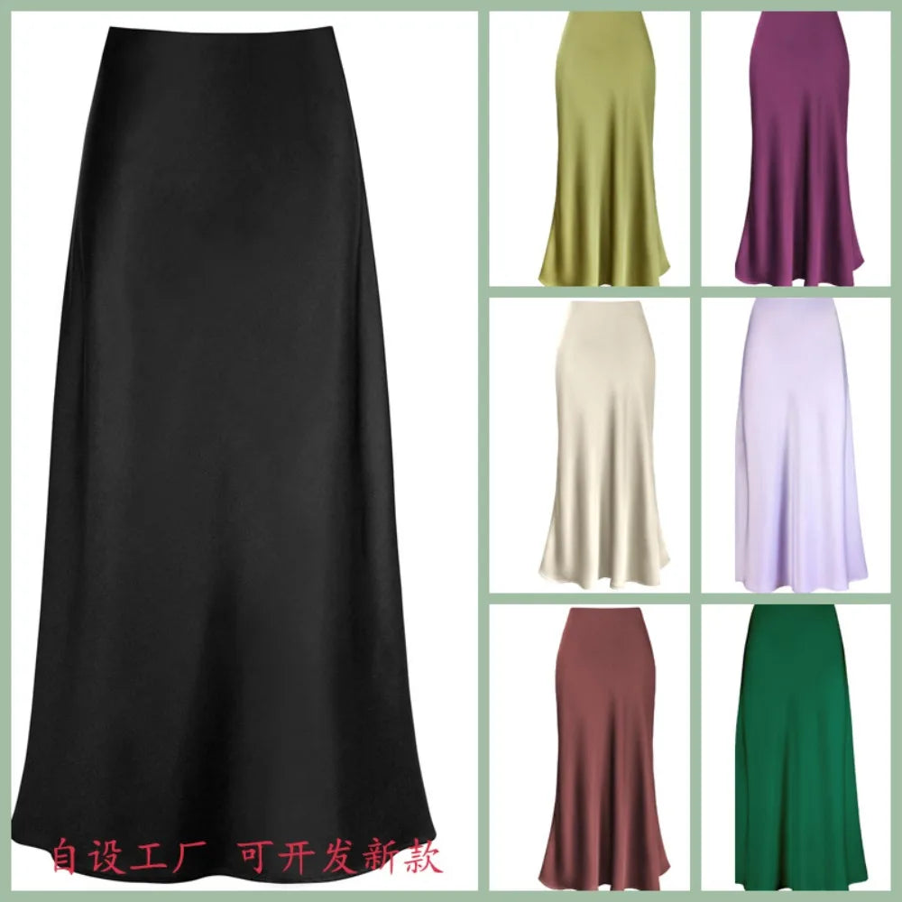 2025 Elegant Faux Silk Satin Skirts for Women High Waist A-line Office Lady Solid Color Glossy Finish Fishtail Skirt