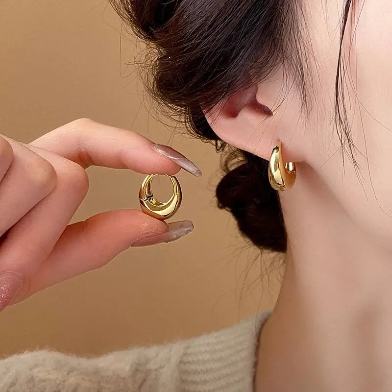 2Pcs New Classic Gold Color Plated Metal Hoop Earrings For Women, Fashion Jewelry Temperament Girls Daily Wear Stud Earrings