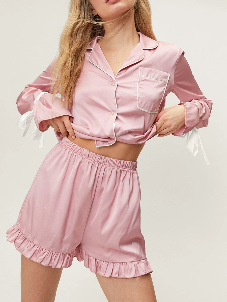 New Women Pajama Set Long Sleeve Tie-Up Contrast Color Shirt With Shorts Sleepwear Loungewear Hot Sale S-XL