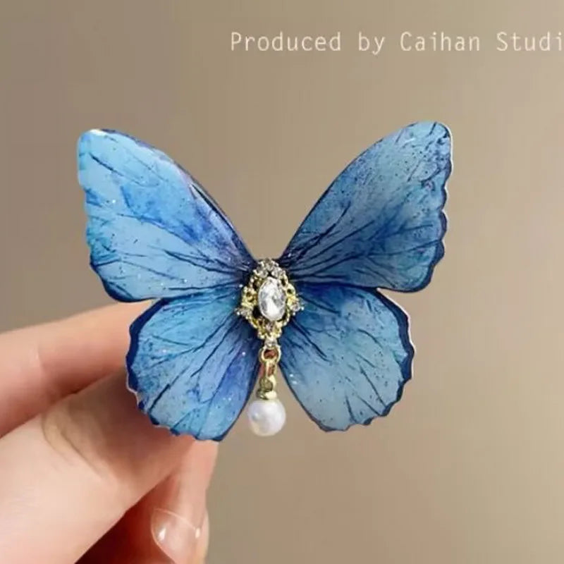 2024 Retro Butterfly Hair Clip For Women Cute Blue Bow Hairclip Girls Pearl Barettes kid pink hairpin Hanfu Hair Accessory