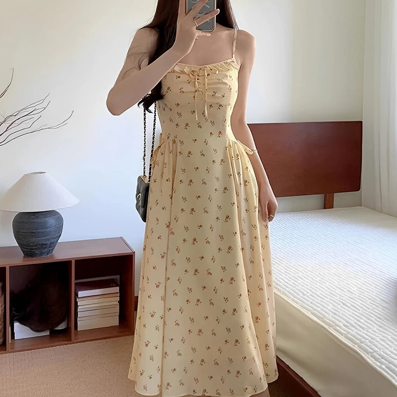 Holiday Floral Printed Spaghetti Strap Sleeveless Women Summer Beach Boho Dress