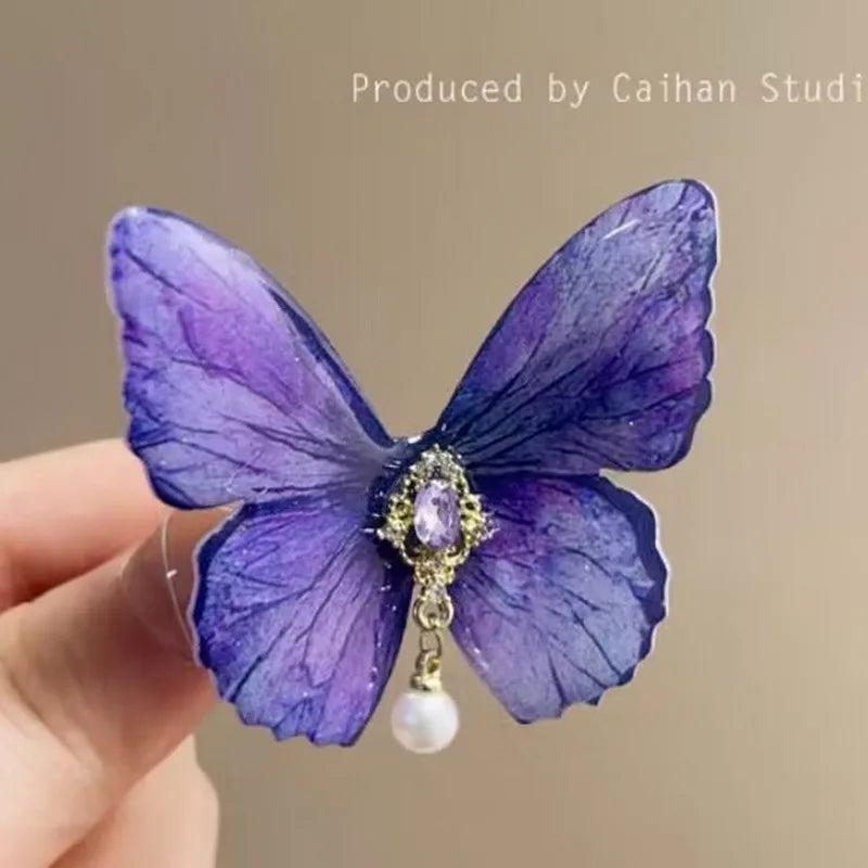 2024 Retro Butterfly Hair Clip For Women Cute Blue Bow Hairclip Girls Pearl Barettes kid pink hairpin Hanfu Hair Accessory