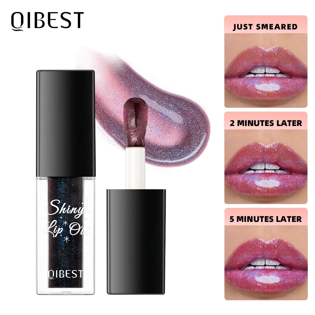 QIBEST Mirror Black Lip Oil Color Changing Lipstick Moisturizing Shiny Lip Gloss Oil Plumping Lasting Diamond Lipgloss Cosmetics