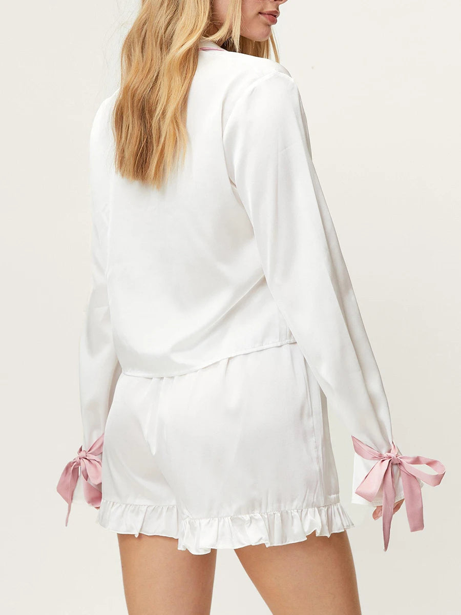 New Women Pajama Set Long Sleeve Tie-Up Contrast Color Shirt With Shorts Sleepwear Loungewear Hot Sale S-XL