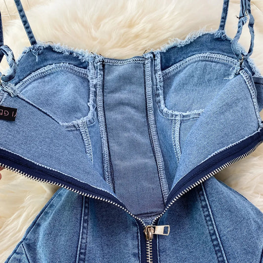 2025 Summer New Style Binding Tape Sexy Denim Halter Dress. Hot Girl Slim-fit High-waist Backless Sleeveless A-line Short Dress