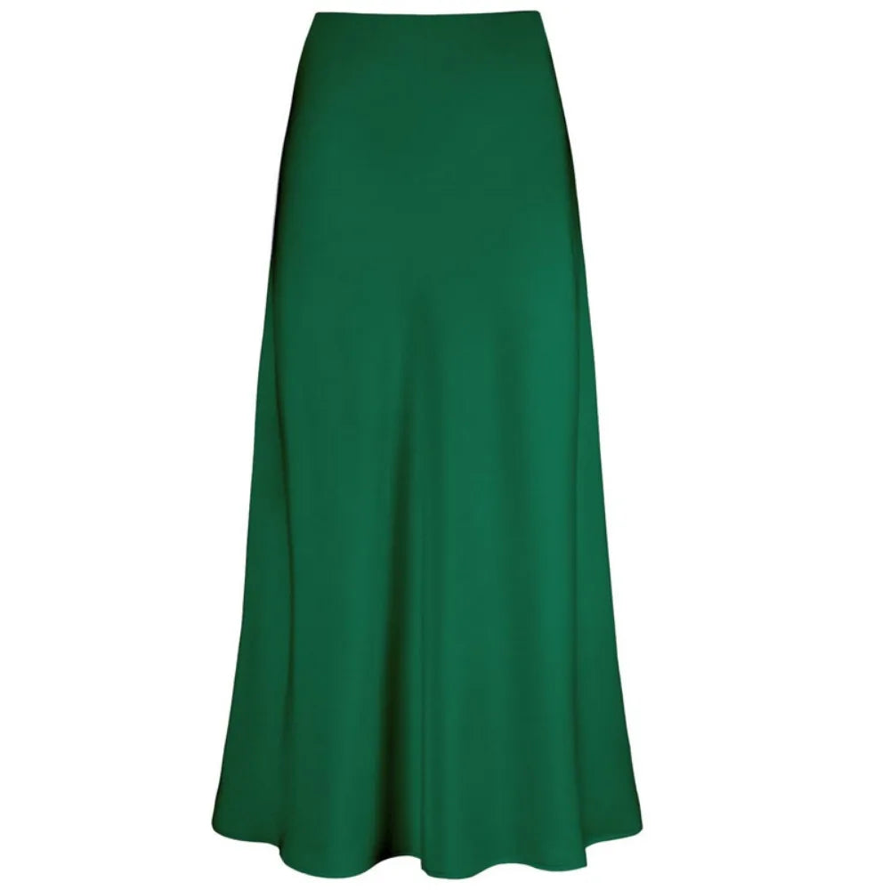 2025 Elegant Faux Silk Satin Skirts for Women High Waist A-line Office Lady  Solid Color Glossy Finish Fishtail Skirt