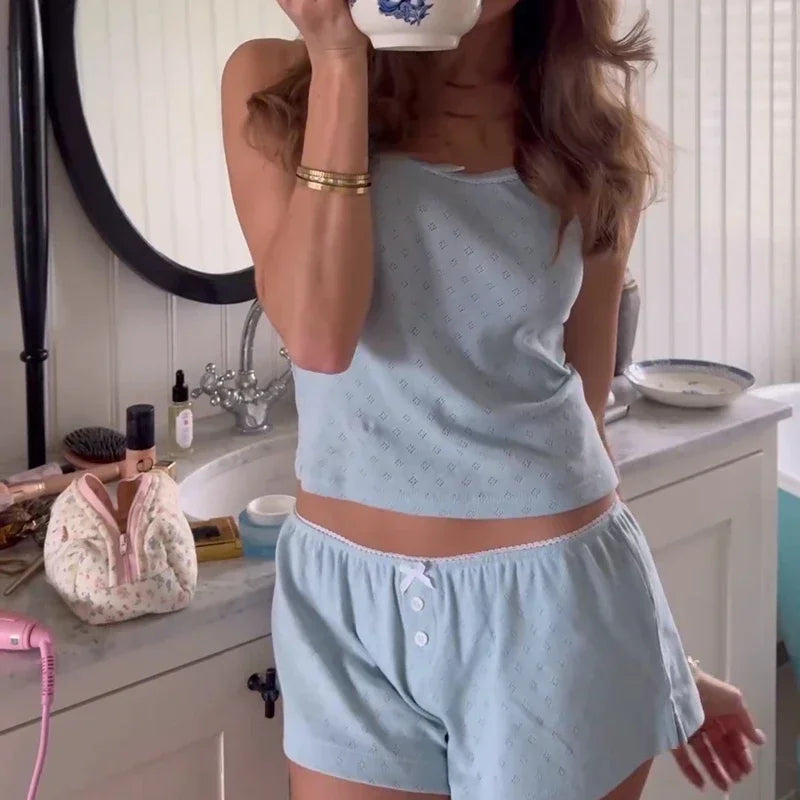 Y2K Women Fairycore Comfy 2 Piece Pajama Set 00s Retro Kawaii Bow Sleeveless Camis Crop Tops + Shorts Sleepwear Loungewear
