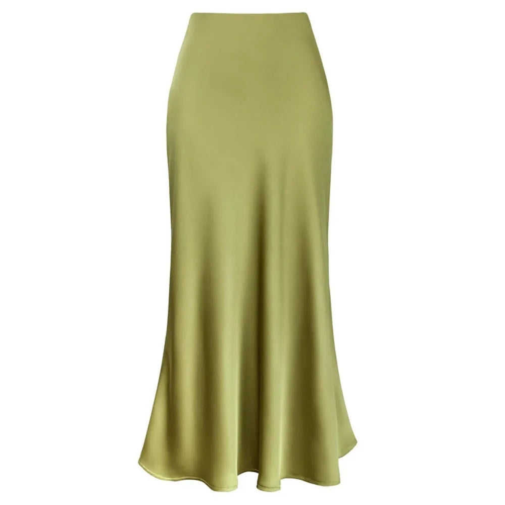 2025 Elegant Faux Silk Satin Skirts for Women High Waist A-line Office Lady  Solid Color Glossy Finish Fishtail Skirt