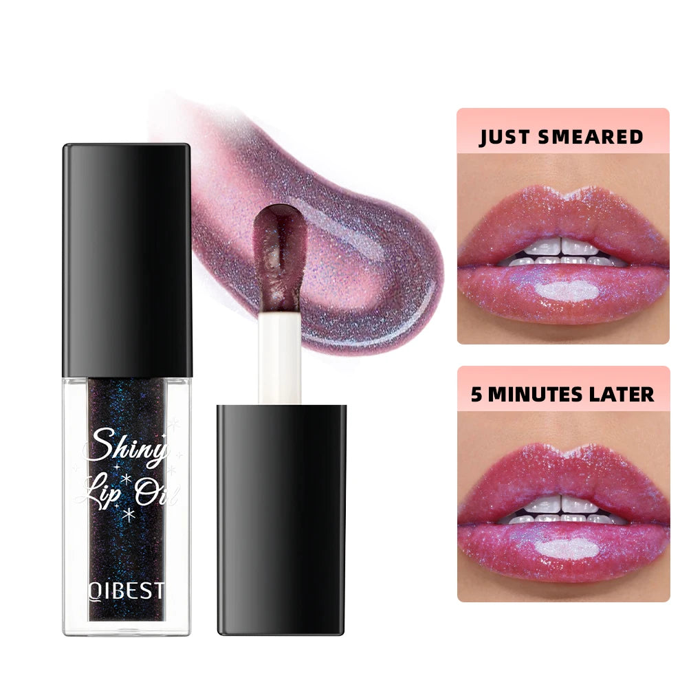 QIBEST Mirror Black Lip Oil Color Changing Lipstick Moisturizing Shiny Lip Gloss Oil Plumping Lasting Diamond Lipgloss Cosmetics