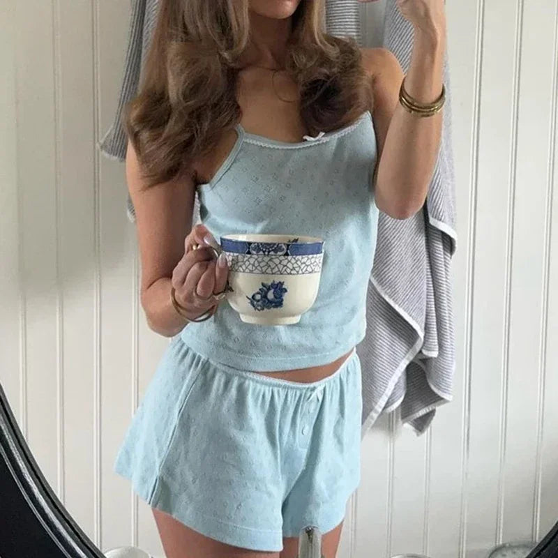 Y2K Women Fairycore Comfy 2 Piece Pajama Set 00s Retro Kawaii Bow Sleeveless Camis Crop Tops + Shorts Sleepwear Loungewear