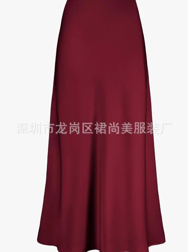 2025 Elegant Faux Silk Satin Skirts for Women High Waist A-line Office Lady  Solid Color Glossy Finish Fishtail Skirt