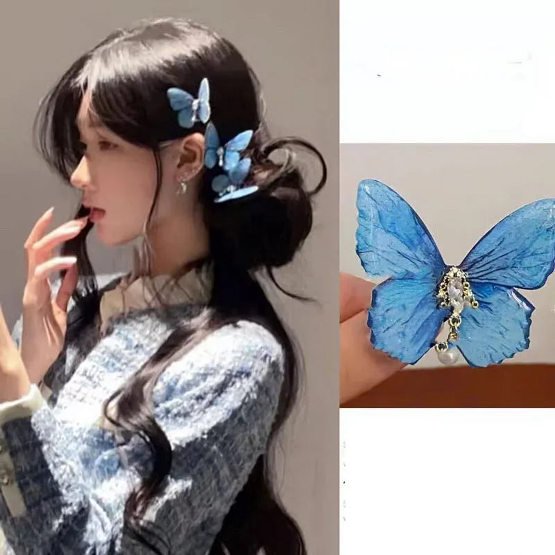 2024 Retro Butterfly Hair Clip For Women Cute Blue Bow Hairclip Girls Pearl Barettes kid pink hairpin Hanfu Hair Accessory