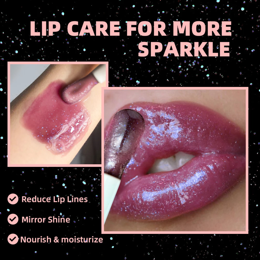 QIBEST Mirror Black Lip Oil Color Changing Lipstick Moisturizing Shiny Lip Gloss Oil Plumping Lasting Diamond Lipgloss Cosmetics