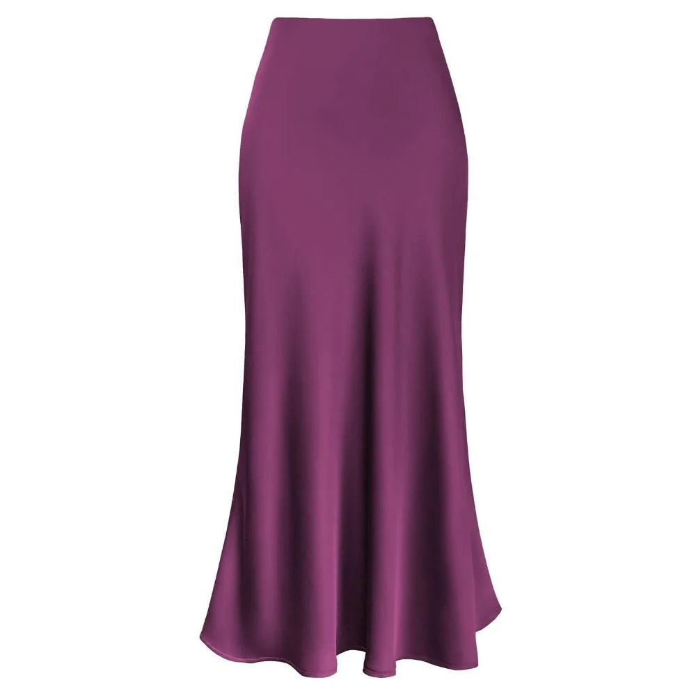 2025 Elegant Faux Silk Satin Skirts for Women High Waist A-line Office Lady  Solid Color Glossy Finish Fishtail Skirt
